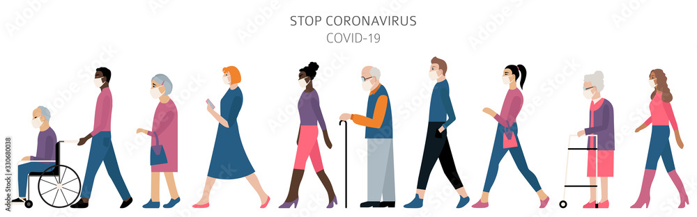 Many different ages and nationatily people in medical face mask. Quarantine, stop coronavirus epidemic design concept Many different ages and nationatily people in medical face mask. Quarantine, stop coronavirus epidemic design concept