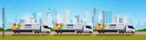 semi truck trailer with organic vegetables on city highway natural vegan farm food delivery service vehicle with fresh veggies cityscape background copy space horizontal vector illustration