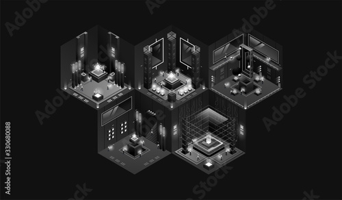 dark laboratory interior. Data visualization. futuristic industrial building. Dark isometric illustration.