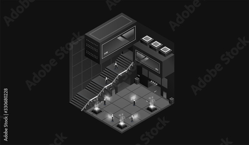 dark laboratory interior. Data visualization. futuristic industrial building. Dark isometric illustration.
