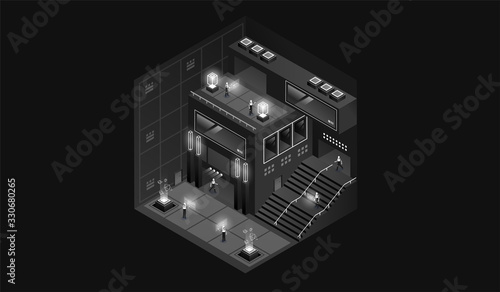 dark laboratory interior. Data visualization. futuristic industrial building. Dark isometric illustration.