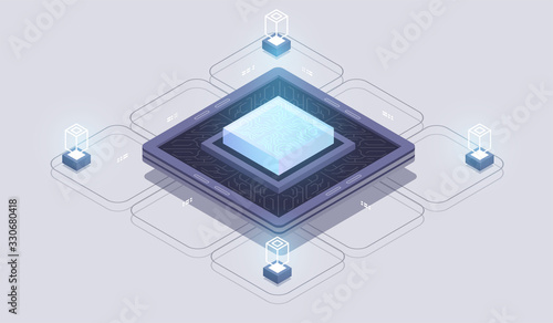 Futuristic microchip processor. Digital chip.Modern cpu. Modern isometric illustration.