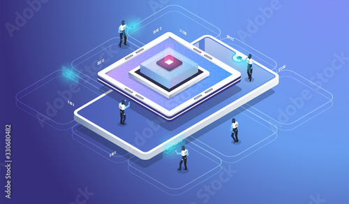 Futuristic microchip processor. Digital chip.Modern cpu. Modern isometric illustration.