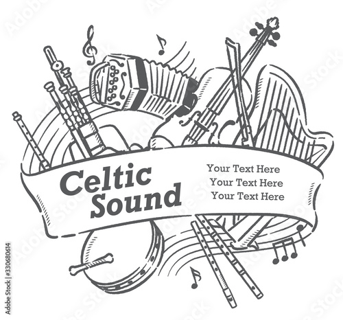 アイリッシュな楽器を使った、ポスターなどに使えるイラスト素材