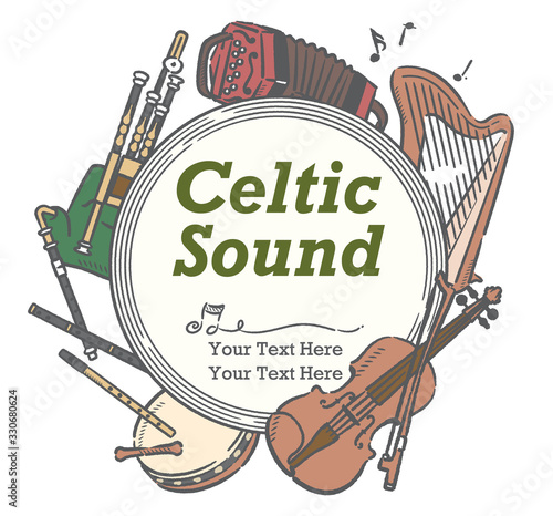 アイリッシュな楽器を使った、ポスターなどに使えるイラスト素材
