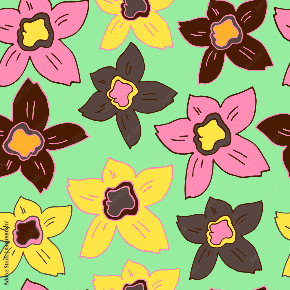 Background with narcissus, retro style, easter flower, seamless pattern. Background with narcissus, retro style, easter flower, seamless pattern.