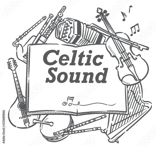 アイリッシュな楽器を使った、ポスターなどに使えるイラスト素材