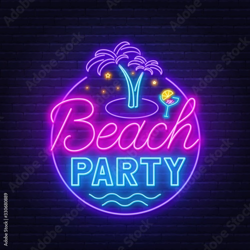 Beach party neon sign on brick wall background .