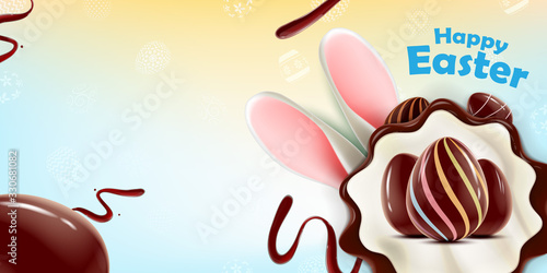 Happy Easter vector background concept with realistic chocolate Easter eggs, bunny ears and flowers. Vector Illustration for spring Holiday ads, and invitations with text space. 