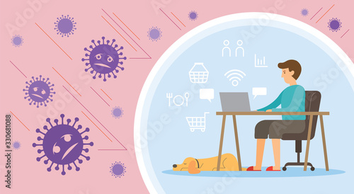 Men Working at Home with Dog, Prevention of Covid-19