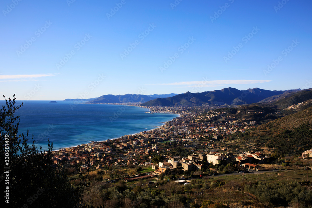 Crosa (SV), Italy - December 30, 2017: View of Borgio from Crosa village, Savona, Liguria, Italy