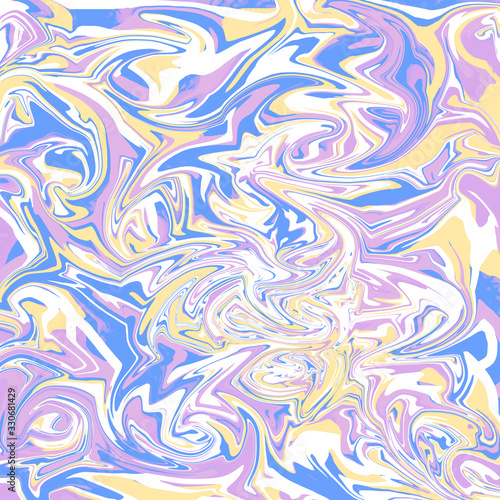 Colorful pastel digital generated illustration - swirl background with liquify effect. Chaotic swirly waves in blue, violet, yellow colors. Modern pattern - graphic digital art design for wrapping pap