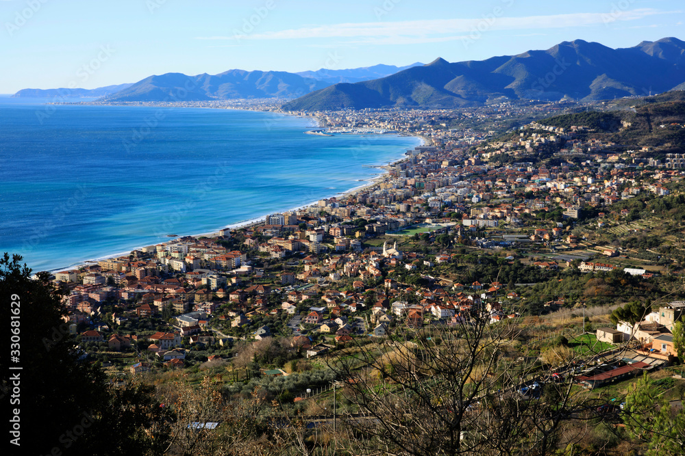 Crosa (SV), Italy - December 30, 2017: View of Borgio from Crosa village, Savona, Liguria, Italy