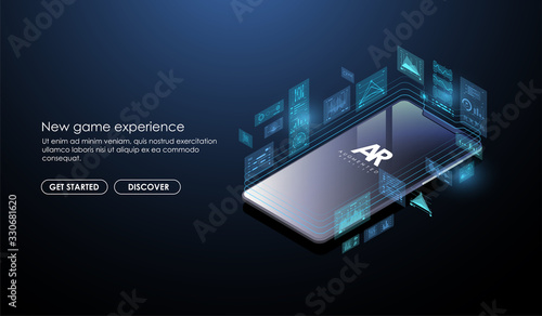 Mobile apps. Creation of a mobile application. AR technology concept for web and app. Concept with phone and HUD elements.