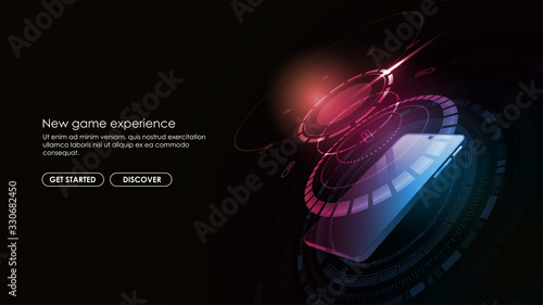 Mobile apps. Creation of a mobile application. AR technology concept for web and app. Concept with phone and HUD elements.