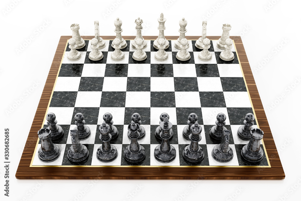 Chessboard with black and white chess pieces isolated on white background. 3D illustration Chessboard with black and white chess pieces isolated on white background. 3D illustration