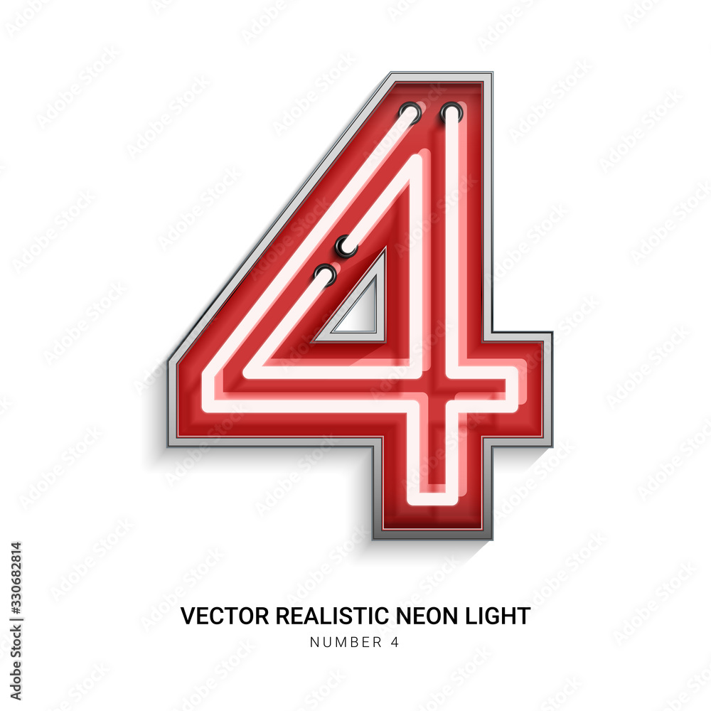 Red neon Colorful on Number 4. All elements are Isolated on white background. 3d Realistic vector illustration Red neon Colorful on Number 4. All elements are Isolated on white background. 3d Realistic vector illustration