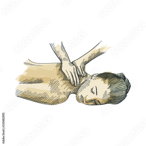 Colorful hand-drawn sketch of of spa back massage on a white background. Woman being massaged by masseuse.