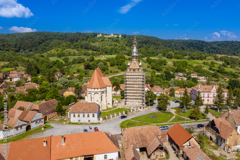 Aerial view of the Saxon church at Saschiz near Sighisoara Romania
