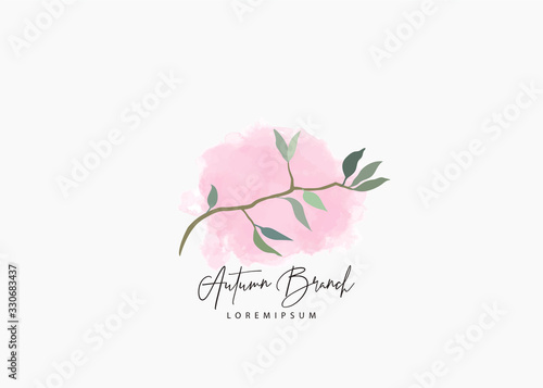 Vector design of a branch design with a leaf logo. feminine pink background twigs decoration