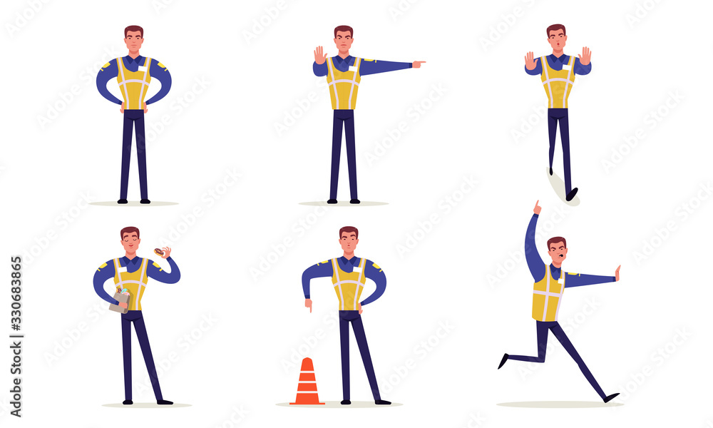 Traffic Police Officer Collection, Policeman in Uniform and Vest Standing on Road and Making Signs with his Hands Vector Illustratio Traffic Police Officer Collection, Policeman in Uniform and Vest Standing on Road and Making Signs with his Hands Vector Illustratio