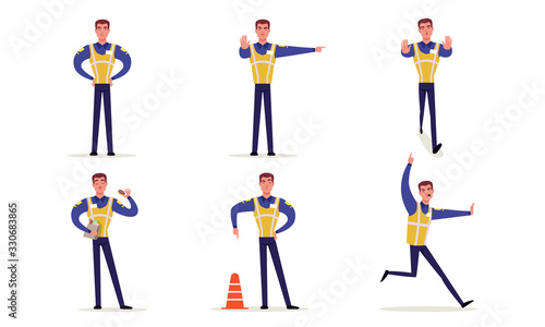 Traffic Police Officer Collection, Policeman in Uniform and Vest Standing on Road and Making Signs with his Hands Vector Illustratio