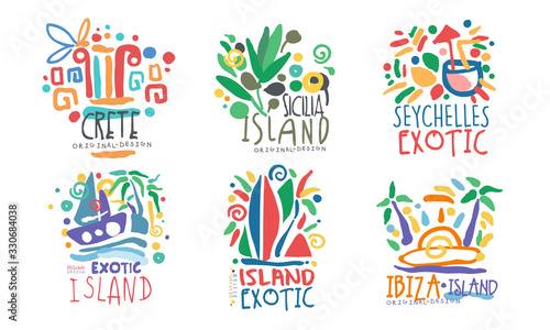 Tropical Exotic Islands Logo Design, Crete, Sicilia, Seychelles, Ibiza Vector Illustration