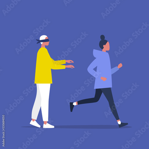 Seek and hide game, a blindfolded character trying to catch another player