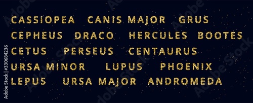 Vector golden and glitter sparkle celestial constellations names, golden lines and dots as a star. Shiny south and north hemisphere constellation set.