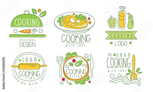 Cooking Time Logo Design Collection, Cooking Class, Kitchen, Culinary Hand Drawn Badges Vector Illustration