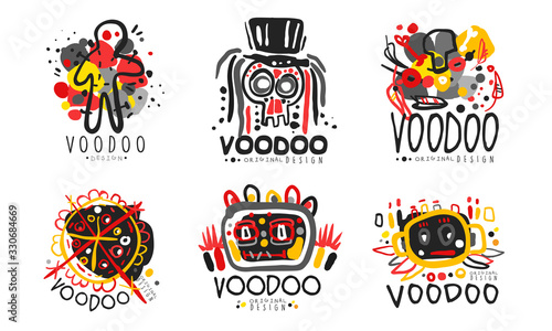 Voodoo Original Design Logo Collection, African or American Culture Hand Drawn Badges Vector Illustration