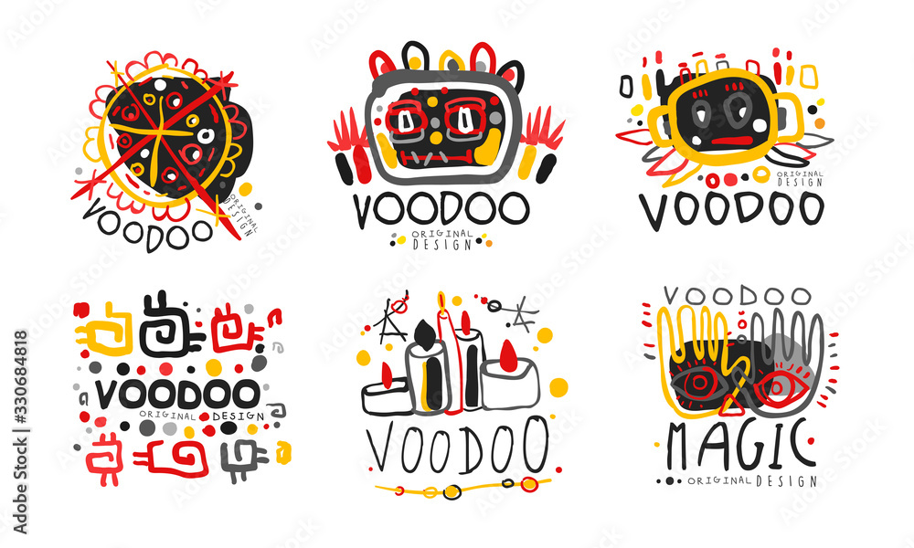Voodoo Original Design Logo Collection, African or American Magic Culture Hand Drawn Badges Vector Illustration