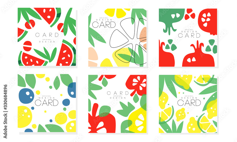 Collection of Cards with Juicy Fruits Pattern, Healthy Food Design Element Vector Illustration Collection of Cards with Juicy Fruits Pattern, Healthy Food Design Element Vector Illustration