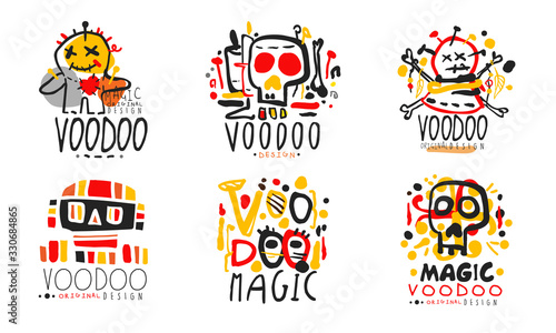 Voodoo Original Design Logo Collection, African and American Magic Hand Drawn Badges Vector Illustration