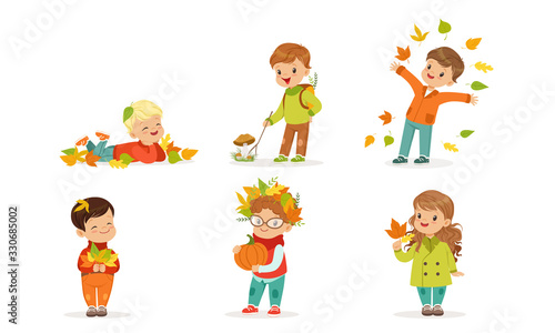 Cute Boys and Girls Playing with Autumn Leaves, Kids Throwing Leaves Up, Collecting Mushrooms, Outdoor Autumn Activities Vector Illustration