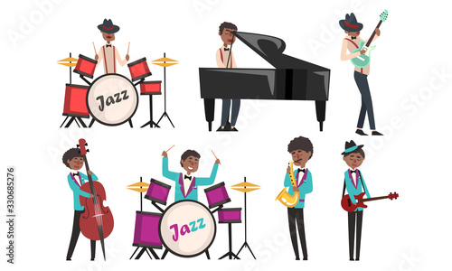 Jazz Band, African American Musician and Singers Singing and Playing Different Musical Instruments Vector Illustration