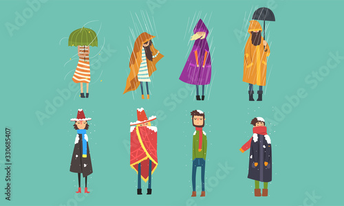 People Freezing Outside on Cold, Rainy and Windy Day, Autumn and Winter Season Vector Illustration