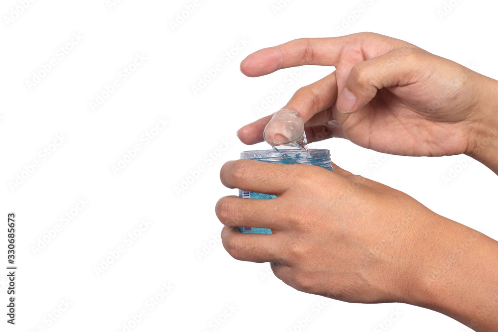 People hand holding Jar of hair gel isolated on white background People hand holding Jar of hair gel isolated on white background