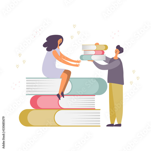 Students preparing for exam in library vector illustration