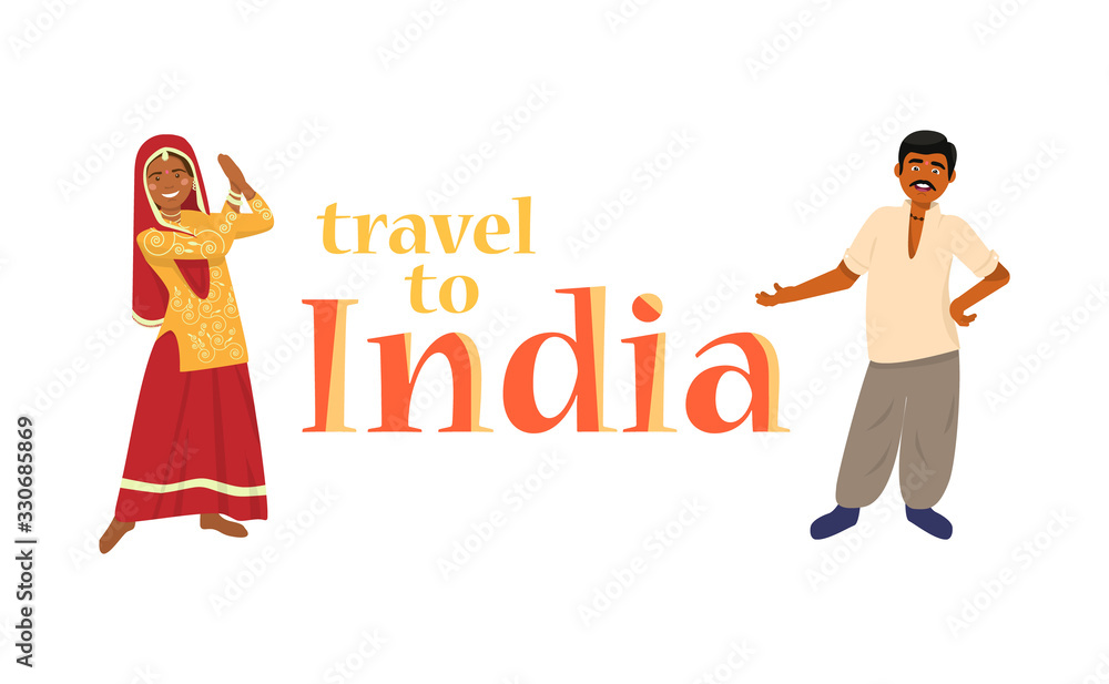 Welcoming to India banner. Indian woman in traditional dress and man welcoming to India. Welcoming to India banner. Indian woman in traditional dress and man welcoming to India.
