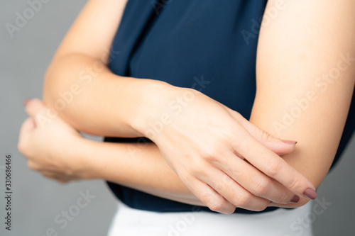Closeup of a beautiful stylish 40+ woman's skin - hands and arms. Dryness, Itch, Aging skin problem, Elderly, Elastin decrease, Sign of age, Derma care, Water loss, Dehydrated skin, Moisturizer. © myboys.me