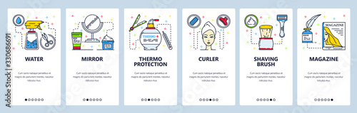 Hair and beauty salon. Woman makeup, cosmetic and hairstyle accessories. Mobile app onboarding screens. Menu vector banner template for website and mobile development. Web site design illustration