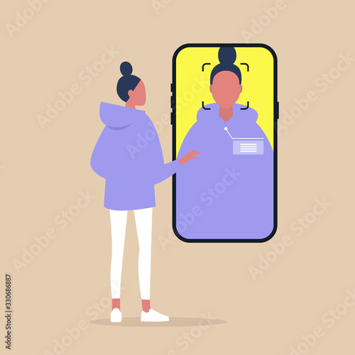 Identification, access and safety, face recognition technology, Millennial female character looking at the mobile phone camera