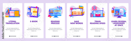 Digital electronic book library. Study language online. Read e-book, education technology. Mobile app screens. Vector banner template for website and mobile development. Web site design illustration