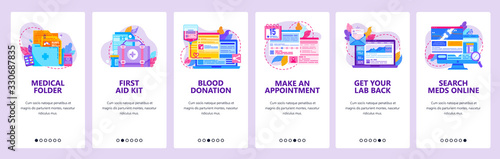Medical records and patient history. Make appointment with doctor. Blood donation and first aid kit. Mobile app screens. Vector banner template for website mobile development. Web site illustration