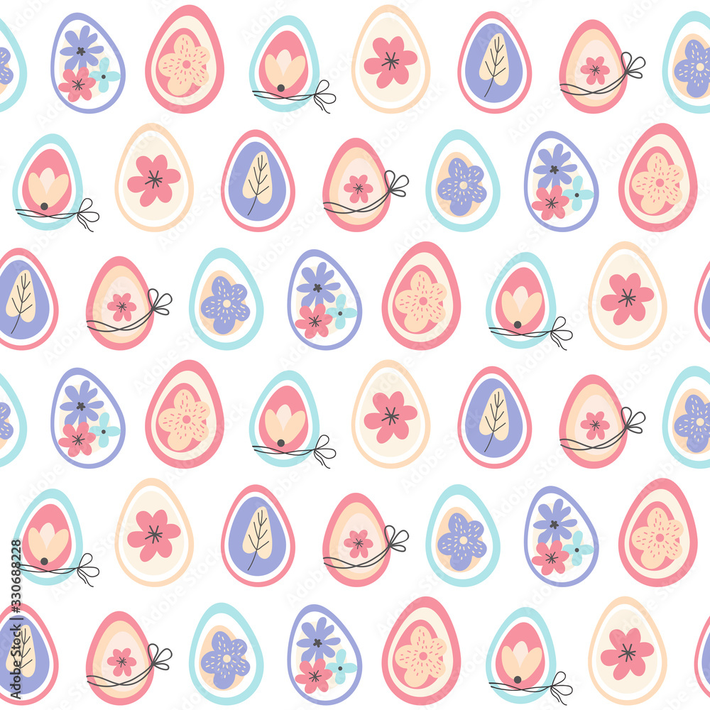 Seamless pattern happy Easter. Background with colorful decorated Easter eggs and spring flowers. Scandinavian hand drawn style. Vector illustration. Design for fabric, packaging paper, textiles.