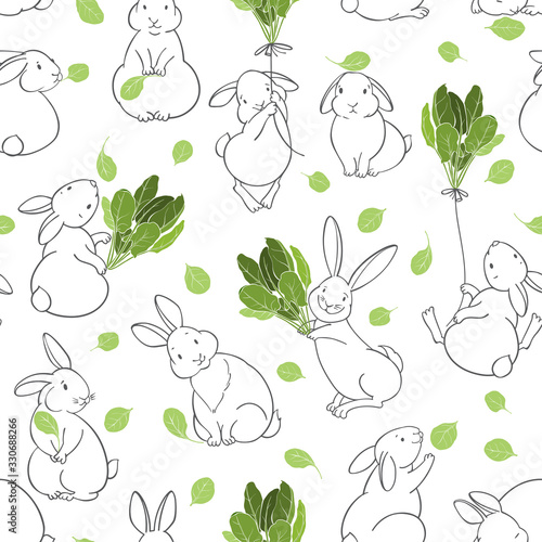 Seamless pattern with cute rabbits and spinach leaves. Cartoon vector illustration. Animal background.
