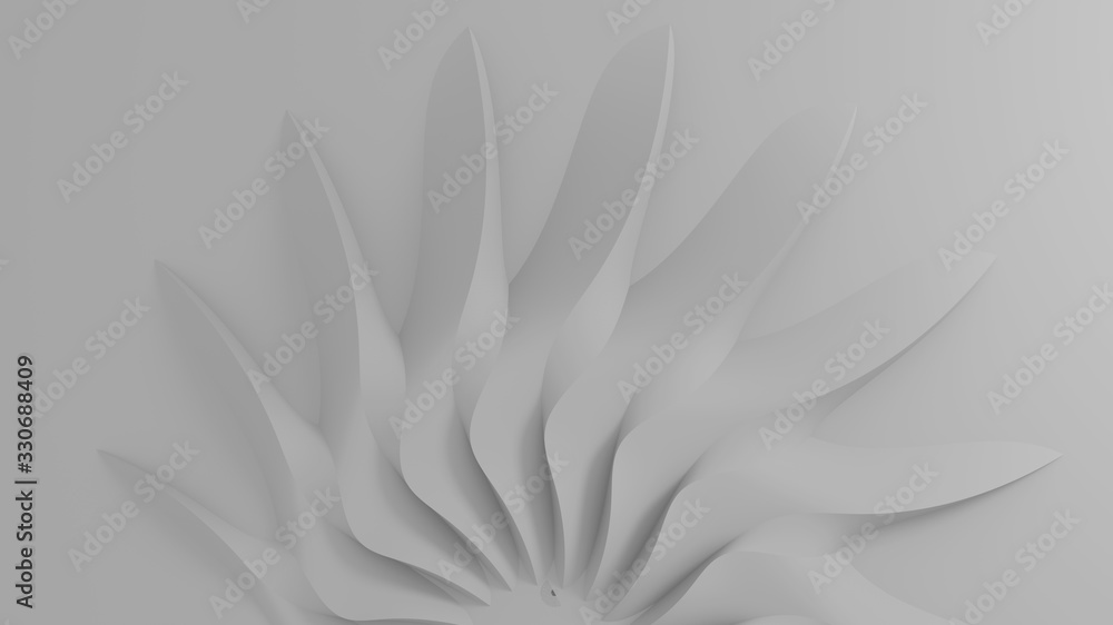 Modern realistic abstract parametric three-dimensional background of a set of wavy swirling white three-dimensional petals converging in a cent. 3D illustration