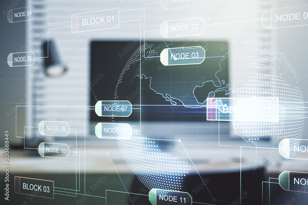 Multi exposure of abstract software development hologram with world map on laptop background, global research and analytics concept Multi exposure of abstract software development hologram with world map on laptop background, global research and analytics concept
