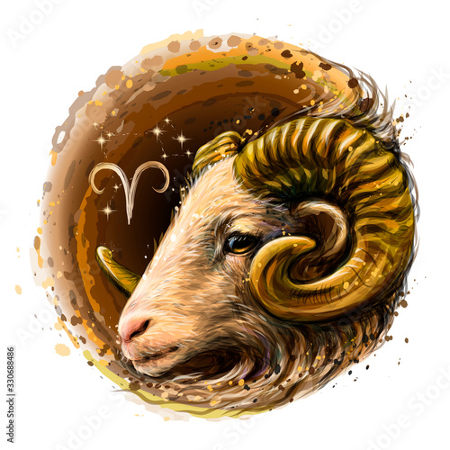 Aries is a sign of the zodiac. Artistic, color, hand-drawn image of the Aries zodiac with a symbol and star scheme in watercolor style on a white background.
